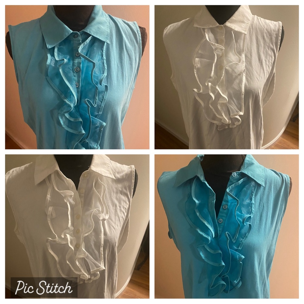 Jones New York Sleeveless Ruffle Collar Blouses- Blue Sz 1X & Sz White 2X